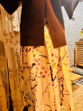 Local European Cream Maxi Skirt with Pink & Green Floral Print S-M